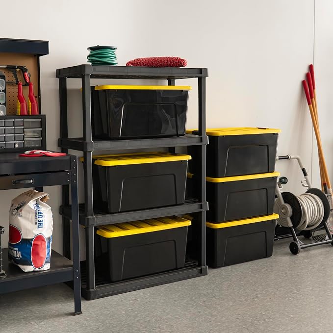 IRIS USA 6-Pack 72 Quart Storage Bins with Lids, Black/Yellow | Black finish conceals stored items. Perfect for moving, blankets, clothing, and garage storage. Nestable design saves space