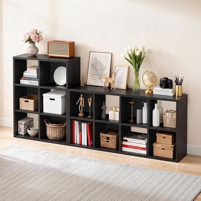 LUCKLIFE 8-Cube Storage Organizer, Stackable Modular Bookcase Shelf with Vertical or Horizontal Use, Fits 11×11" Bins, Optional Back Panels, for Living Room, Office, Black
