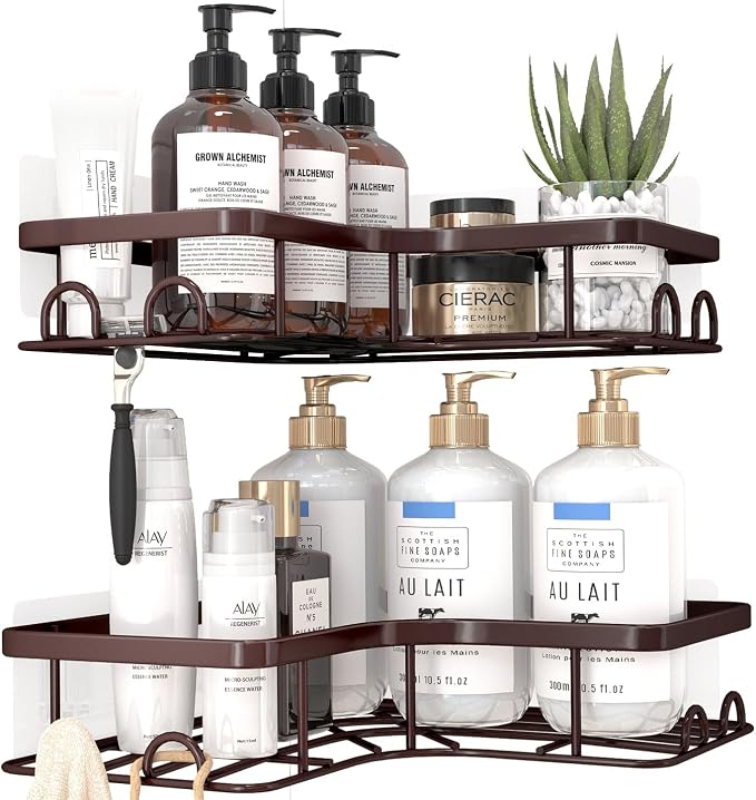 Sakugi Corner Shower Caddy - 2 Pack, Adhesive Shower Organizers, Rustproof Stainless Steel Shower Shelves with 8 Hooks, No Drilling Bathroom Organizers and Storage Racks, Space-Saving, Brown, Medium