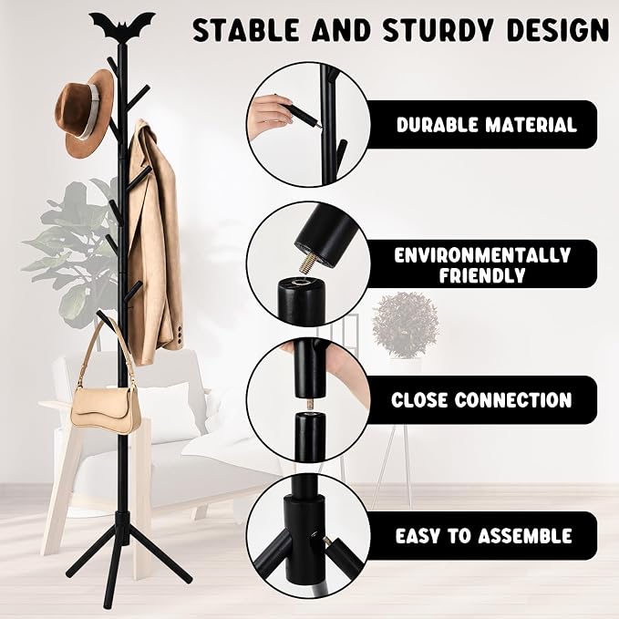 RattanView Wooden Bat Coat Rack Gothic Freestanding Coat Rack with 8 Hooks and 3 Adjustable Size Tree Racks for Hats Scarves Handbags Bedroom Hallway Entrance Office