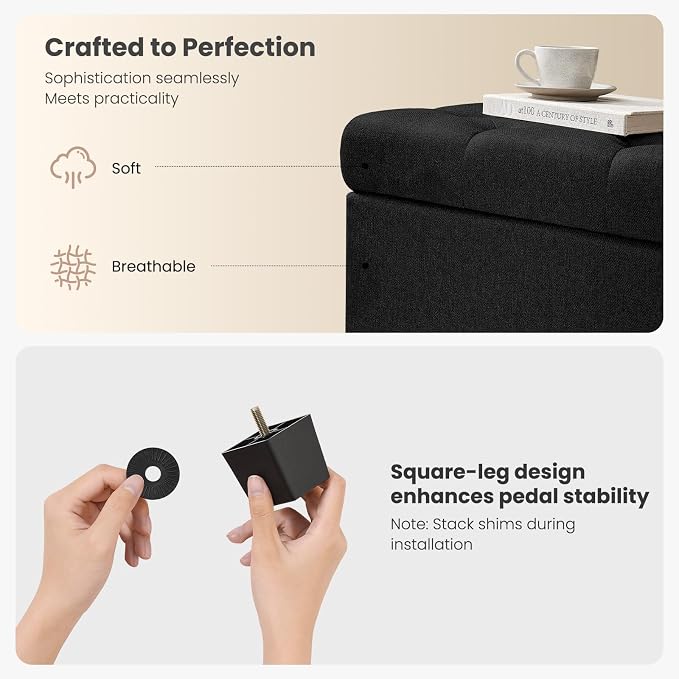 Living&Giving Storage Ottoman Bench for Bedroom, 47.2", Black | 47.2-inch storage ottoman with safety hinge, tufted upholstered seat and spacious hidden storage for everyday organization.