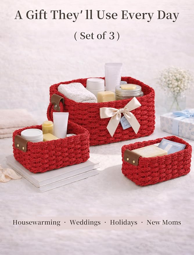 Small Wicker Baskets, 3 PCS Paper Rope Baskets for Shelves, Red | Recycled Small Baskets, 3 Sizes Woven Baskets for Organizing, Decorative Storage Baskets for Bedroom and Bathroom
