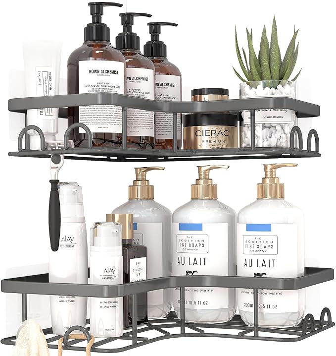 Sakugi Corner Shower Caddy - 2 Pack, Adhesive Shower Organizers, Rustproof Stainless Steel Shower Shelves with 8 Hooks, No Drilling Bathroom Organizers and Storage Racks, Space-Saving, Grey, Medium