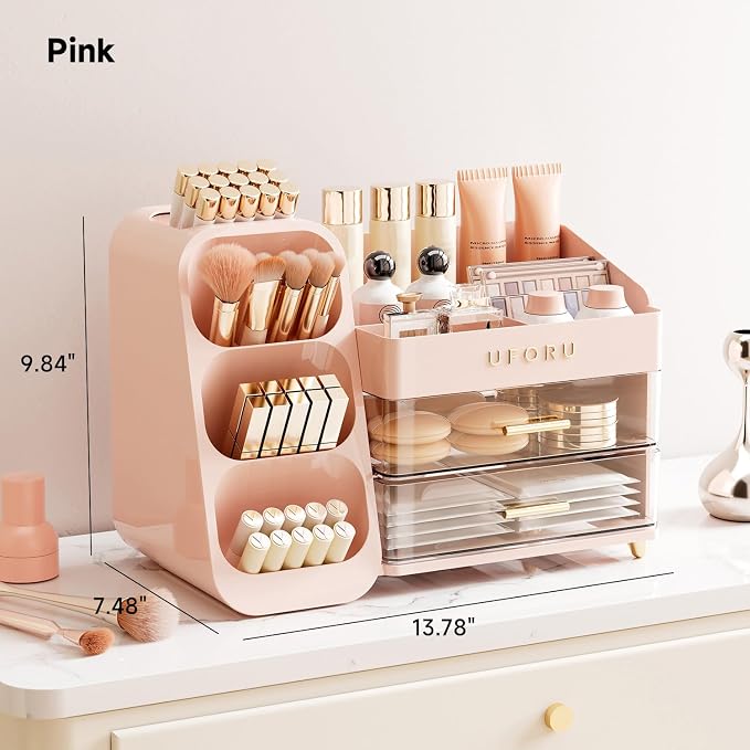 UFORU Makeup Organizer Countertop with Brush Holder for Vanity Bathroom | Large Capacity, Thickened Plastic, 2 Clear Drawers, Compact Size, Detachable Brush Holder, Divided Compartments, Easy Access