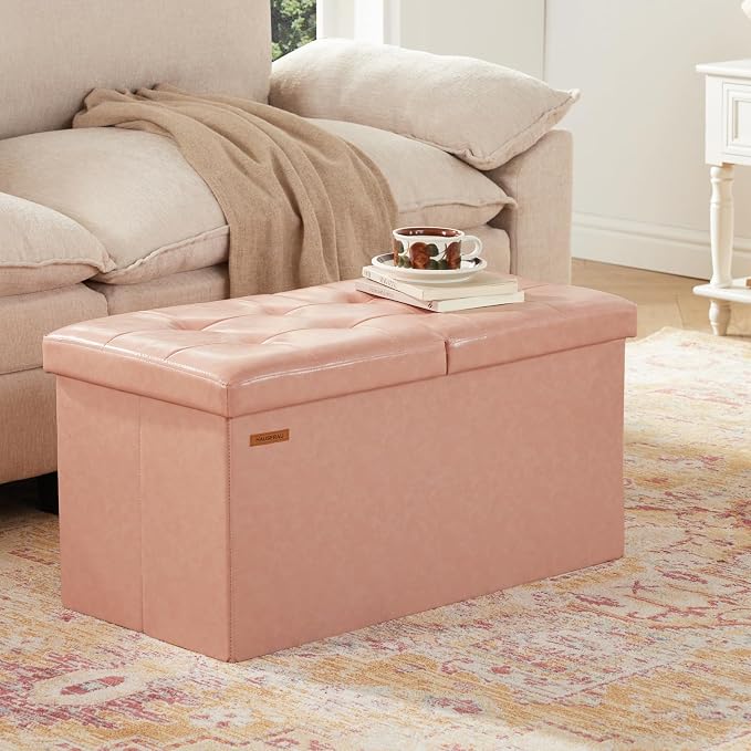 HAUSFRAU Ottoman with Storage Bench Folding Foot Rest Stool Pink | 30", Flip Lid, Faux Leather, Upholstered Foldable Footrest Footstool, Bedroom Bench, Living Room Dorm Ottoman, Rectangle