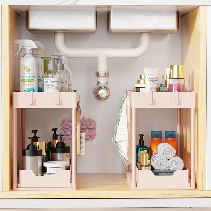 Simple Trending Under Sink Organizer 2 Pack, Sink Pull-Out Sliding Storage Cabinet, 2-Tier Under Shelf Organizer for Kitchen Bathroom, Pink