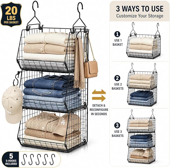 X-cosrack 3-Tier Hanging Closet Organizer, Laundry Room Organization | Space Saving Shelves with 1.65" Hook & 5 S-Hooks | Hanging Wire Baskets (12.4" W x 8.8" H x 10.24-11.8" D)