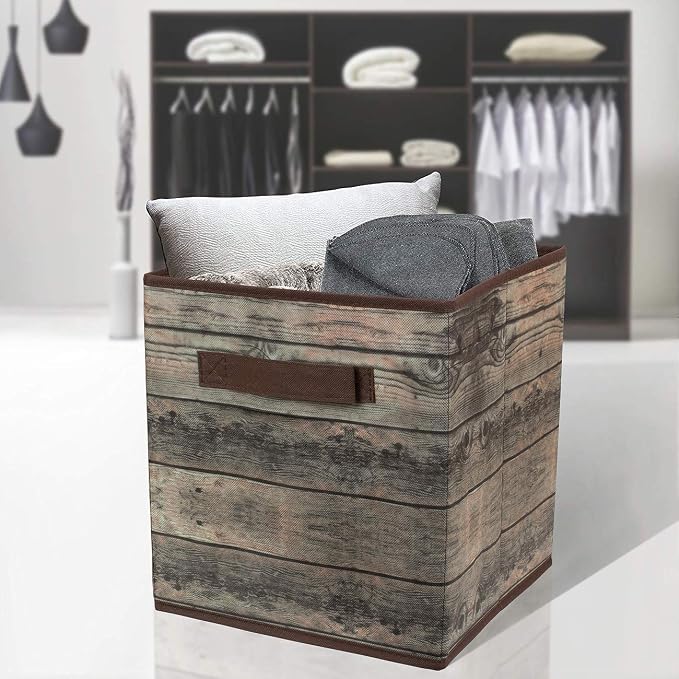 Sorbus Foldable Storage Cube Basket Bin, Rustic Wood Grain Print, 4-Pack (Rustic Bin - Brown)