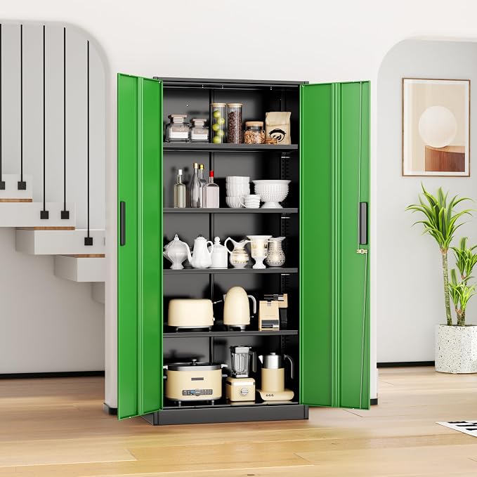 INTERGREAT Metal Lockable Storage Cabinet, 72” Storage Cabinet with 2 Doors and 4 Adjustable Shelves for Office, Home, Garage, Pantry (Black Green)