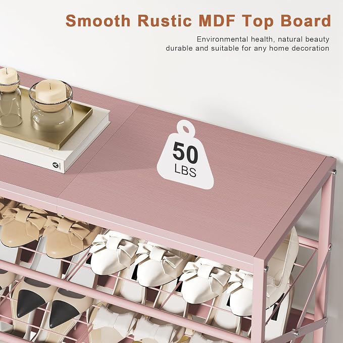 8 Tier Metal Shoe Rack with Wood Top, 24-32 Pairs Pink | 52in tall maximizes vertical space. 2 iron sheets for heels. Remove a layer for tall boots. Versatile for home.