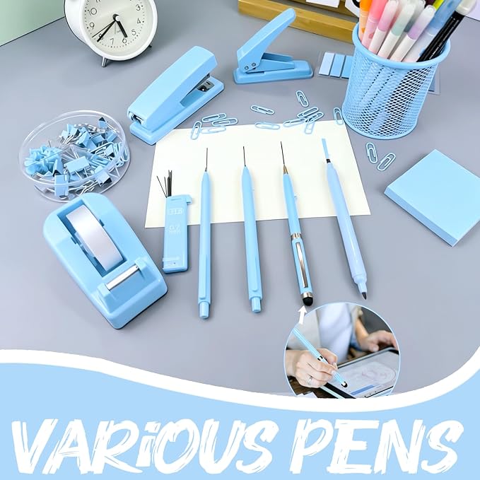 Blue Office Supplies, 17Pcs Blue Desk Accessories Set Include Stapler, Mesh Desk Organizer, Tape Dispenser, Staple Remover, Pen Holder, Clips, Pens, Ruler, for Office Home School Women Students Gift