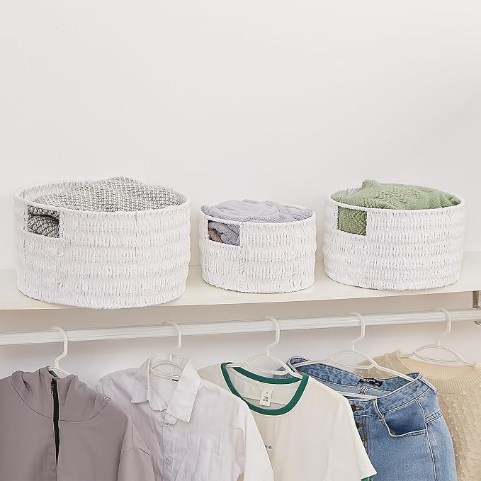 Wicker Storage Basket, Hand-Woven Paper Rope Large Round Woven Basket With Handles, Wicker Baskets for Organizing/Storage, White, 3-Pack