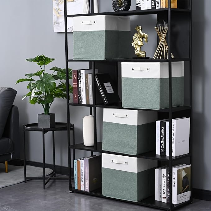 FinishingBo 13x13x13 Storage Cube Bins 4 Pack, Cube Shelf Baskets | Foldable Storage Cubes, Linen Storage Bins with Handles, Closet Organizers, White/Green