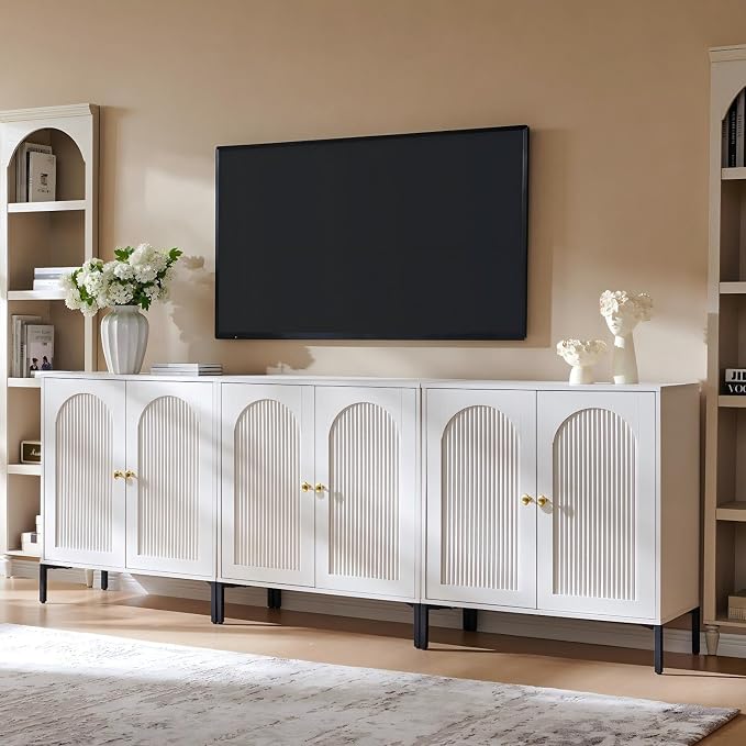 IFGET 92.63" W Modern Arched Sideboard Buffet Cabinet with Storage, White | Fluted Arch Sideboard Cabinet w/Adjustable Shelves, Wooden Modular Kitchen Cabinet for Dining& Living Room, Entryway