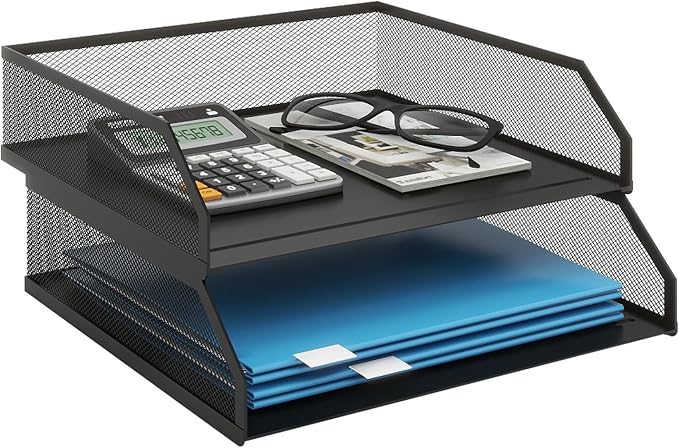 Natwind 2-Tier Stackable Metal Mesh Paper Organizer with Sliding Tray,Black | Desk Organizer for Office Supplies, Letter Tray For Desktop,File Holder For Home School Classroom Organization