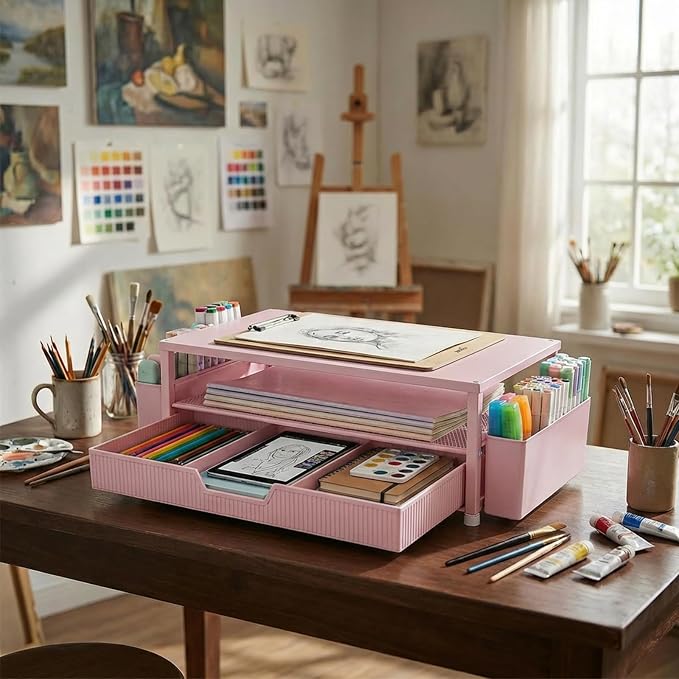 ECOLOVI Desk Organizer and Accessories, 2-Tier Computer Monitor Stand Rise with Storage Drawer & 2 Pen Holders, Laptop & Printer Stand for Desktop, Workspace Organizers for Office Supplies (Pink)