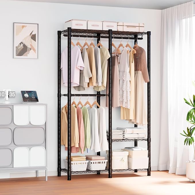 Heavy Duty Clothes Rack, 3 Tiers Sturdy Metal Clothing Rack with Hanger Rods & Shelves, Portable Closet Rack for Bedroom 45" W × 16" D × 76" H, Garment Rack Holds 450lb, Easy Assembly&Storage