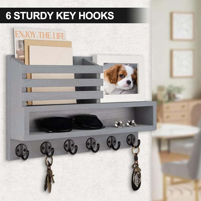 Key and Mail Holder Wall Mount, Key Hanger with Long Storage Box and Key Hooks for Coat, Dog Leash, Home Decor Rack, House Accessories, Entry Way Organizer