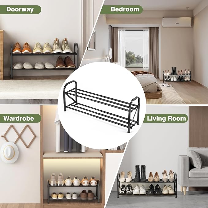 2-Tier Shoe Rack for Closet, 16"-32" Expandable Shoe Rack, Adjustable for Entryway Closet Doorway Sturdy Metal, Black