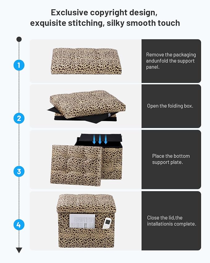 Bsketa Storage Ottoman, 17" Folding Velvet Foot Rest,Leopard Print 2 Pack | Small Ottoman with Side Pockets, Thicker Foam Padded Seat, Livingroom, Dorm, Bedroom, Easy to install, 43L,17x13x13in