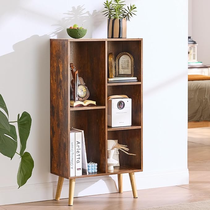 LEYAOYAO 5 Cube Bookshelf, Mid-Century Modern Book Shelf with Legs, Brown | 3 Tier Bookcase, Rustic Wood Bookshelves Freestanding Small Storage Organizer, Open Shelves for Bedroom, Living Room, Office