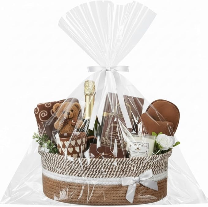 Colingmill 1 Set Woven Empty Basket for Gift,Khaki White | with Cellophane Wrap Set, 14 x 10 x 5.5 Inch, Medium Decorative Gift Basket, Cotton Rope Storage Box, Home Decor