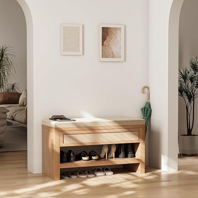INNOD Shoe Bench with Storage Drawer, Farmhouse Wooden Entryway Bench with Linen Cushion, Freestanding Shoe Rack with Open Shelf for Hallway Front Door Living Room Bedroom