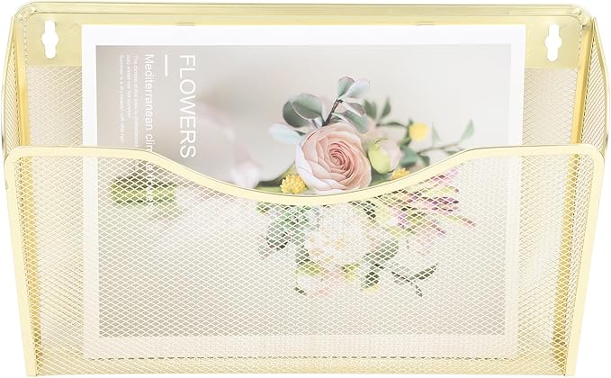 EASEPRES 3 Single Pocket Mesh Hanging File Organizer, Vertical Wall Mounted Magazine File Holder, Mount Basket Mail Paper Document Folder Organizing for Office, Home and School, Gold