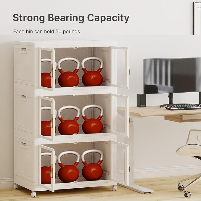 Stackable Storage Bins with Lids, 540QT Extra Large Storage Cabinet | Clear Doors, Foldable Storage Drawers, Heavy Duty, Collapsible Closet Organizers for Bedroom Office (3, White, 180, Quarts)