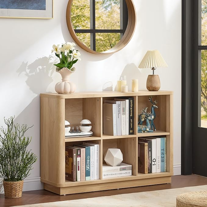 Joaxswe 6 Cube Storage Book Shelf, 40" Wide Low Horizontal Bookcase with Curved Edge, Floor Standing 2-Tier Wooden Bookshelf with Base, Modern Short Book Case for Bedroom, Study, Entryway, Natural Oak