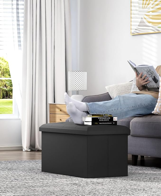 Folding Storage Ottoman Bench, Black, 30 Inches | Multi-Functional Ottoman Foot Rest, End of Bed Bench, Storage Chest, Living Room, Bedroom, Hallway, Entryway, 600 lb Capacity