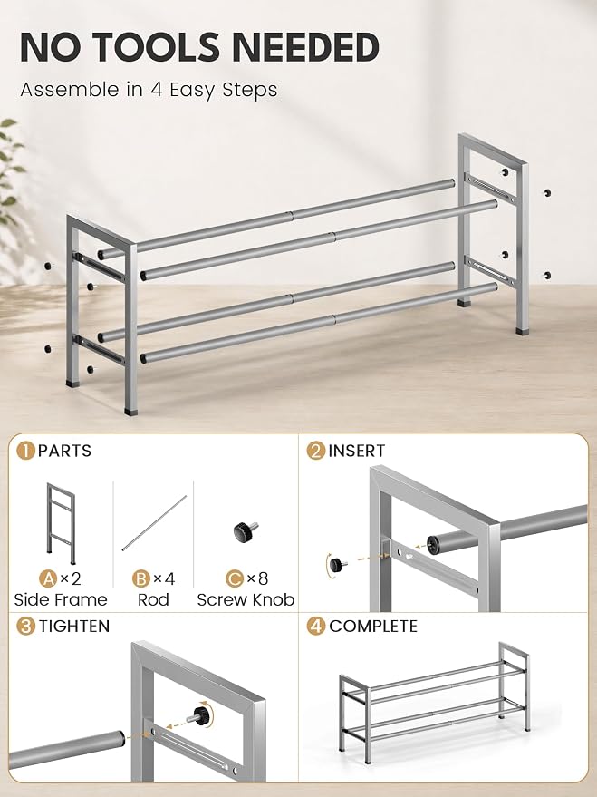 Bumusty 2 Tier Expandable Shoe Rack for Closet, Light Grey | 18"-33" Adjustable Shoe Rack for Entryway, Small Shoe Organizer for Dorm, Front Door, Sturdy Metal