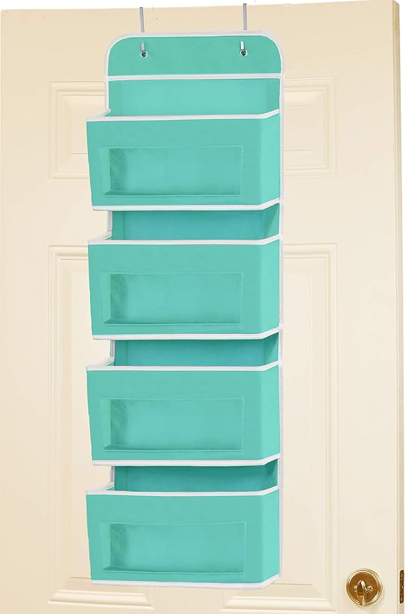 Simple Houseware 4 Clear Pocket Over Door Hanging Organizer, Turquoise | Over the Door Storage for Closet, Bedroom, Bathroom, Pantry