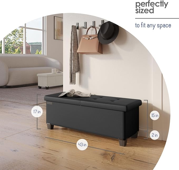 Storage Ottoman Bench with Bins, 43-in Storage Bench for Bedroom End of Bed, Folding Foot Rest Ottoman for Living Room Max 660lbs, Faux Leather Ottomans, Black