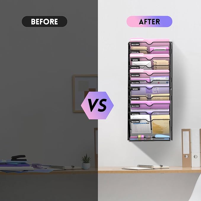 12-Tier Wall File Organizer with Base, Wall Mounted File Holder | Vertical Hanging File Organizer with Open Compartments and Label Holders for Mail, Folders and Paperwork at Home or Work