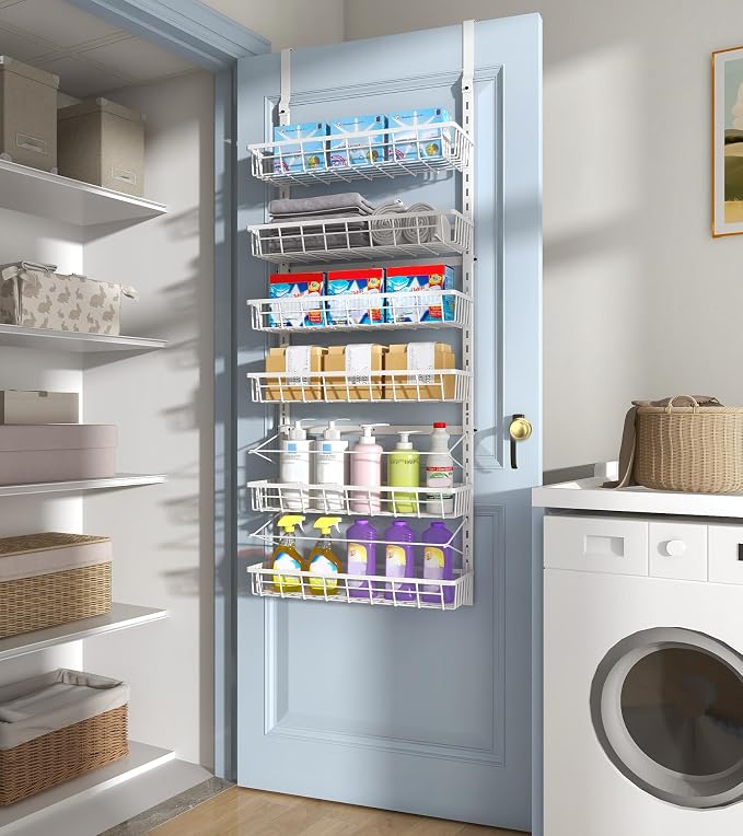 Mefirt Over The Door Pantry Organizer, Wall Mount Spice Rack 6-Tier White | Pantry Hanging Organizers and Storage, Adjustable Baskets Heavy-Duty Metal for Home & Kitchen, Back of Door Seasoning Rack