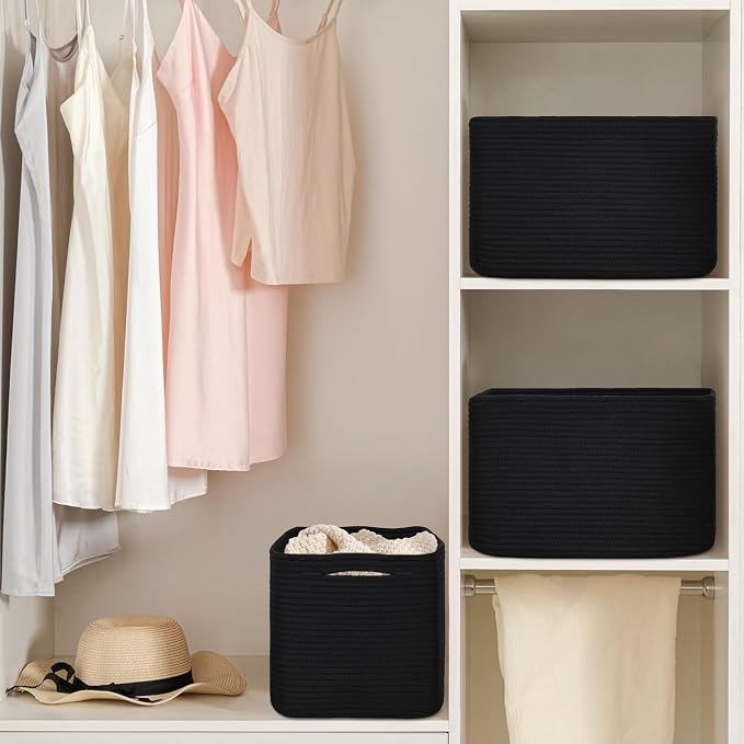 Baskets for Organizing,Storage Baskets,3 Pack Baskets for Shelfves,15"×10"×9" Woven Black Basket,toy storage bins,bins for organization