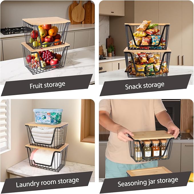 2 PACK Pantry Organizers and Storage, Stackable Onion Potato Bins | Large Wire Storage Basket, Breathable Design for Onion, Potato, Garlic, Fruit, Vegetables Fresh, Kitchen Pantry Storage