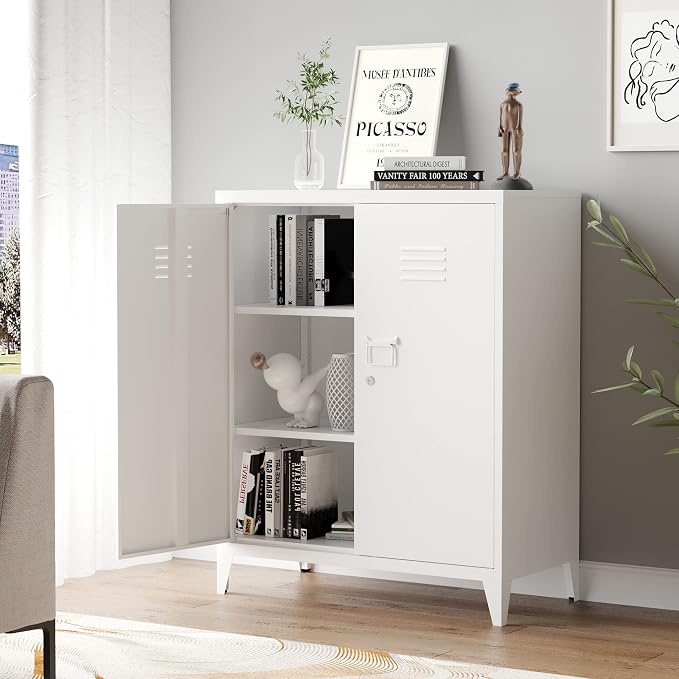 Metal Storage Cabinet with Lock, Locking Cabinets Office Storage Caninet with 2 Doors and Shelves, Lockable Steel Locker Floor Caninets Cupboard, Small Sideboard Buffet Cabnet for Home Office