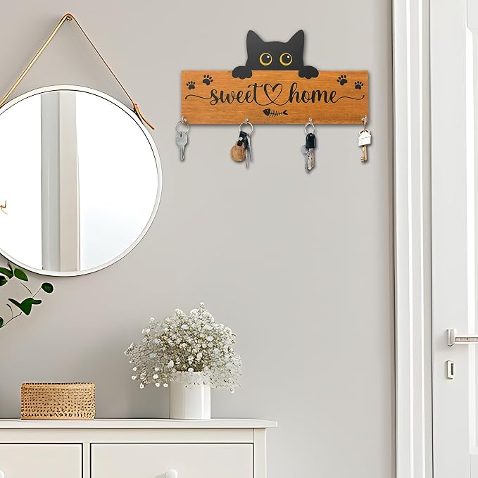 Cat Sweet Home Wooden Key Holder for Wall - 5"x10" Key Organizer Hanger with 4 Hooks for Front Door Hallway Entryway Kitchen - Home Office Decor & Housewarming Gifts Supplies - A07