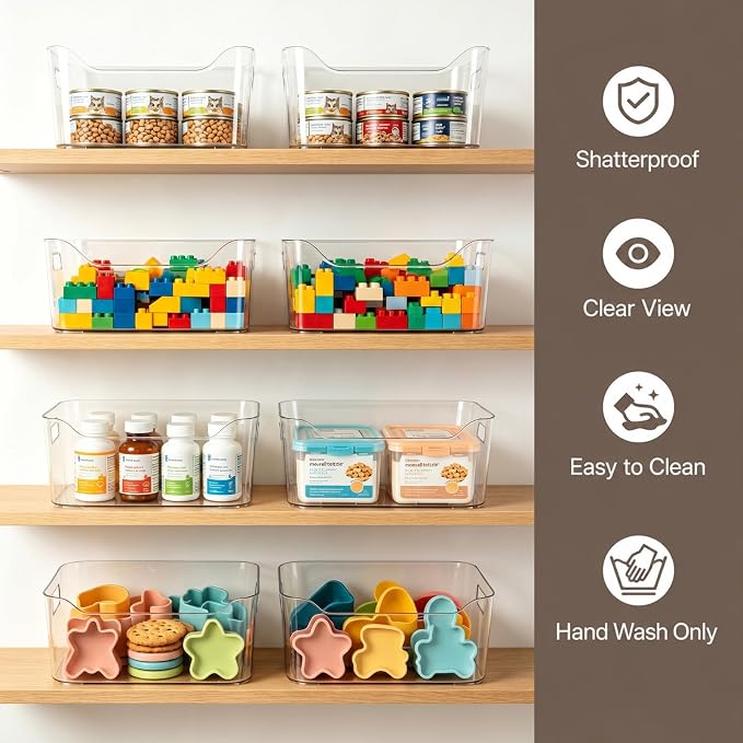 Hudgan 12 Pack Pantry Storage Bins for Kitchen Cabinet, Clear Plastic Organizer Bins for Bathroom, Pantry Organizer Containers for Home Edit, Drawer, Under Sink, Fridge