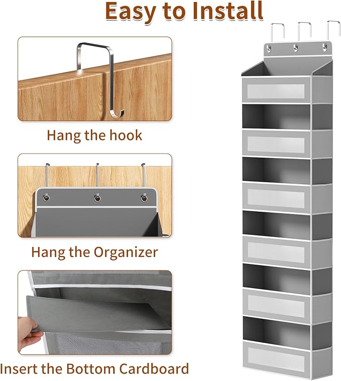 AQOOA 6-Tier Over The Door Organizer 44 lbs Capacity fit Standard Doors | Over the Door Storage 6 Large 12 Side Pockets Behind Door Storage, Closet Door Organizer Hanging Shelf, Grey