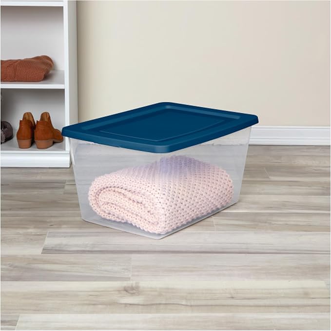 Sterilite 32 Pack Storage Boxes, Clear Plastic Stackable Containers, Lightweight Home Organizers with Snap Lids, 58 Quart, Marine Blue