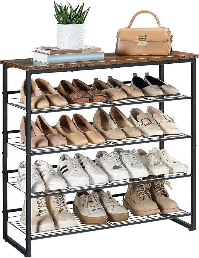 HOOBRO Shoe Rack, 5 Tier Shoe Organizer for Front Door Entrance, Shoe Shelf with Adjustable Tilt Angle, Holds 16-20 Pairs, for Entryway, Garage, Closet, Rustic Brown and Black BF08XJ01