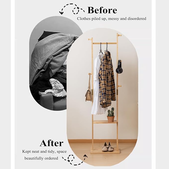 SOBIBO Wood Coat Rack Freestanding with Shelves & Hooks, 15.75inch, Natural | Solid Wood Frame, 3-in-1 Clothes Rack, Garment Rack with Storage for Bedroom, Hallway, Entryway, Office, Living Room