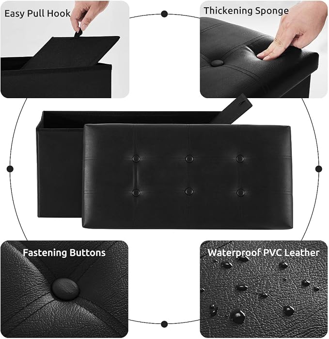 YOUDENOVA 30" Ottoman with Storage, Folding Faux Leather Bench, Black | Foldable ottoman with hidden storage, padded faux leather seat for living room, bedroom and entryway.