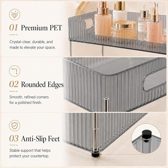 Goderewild 3-Tier Bathroom Counter Organizer, Multi-Purpose Cosmetics Skincare Shelf, Makeup Organizer for Vanity Tray, Countertop Storage Solution for Kitchen and Bath. (Smoky Gray)