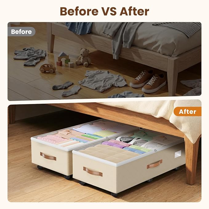 Budding Joy 80L 2 Pack Adjustable Under Bed Storage with Wheels, Beige | Underbed containers with clear lids, rolling underbed shoe storage organizer for dorm clothes, blankets, easy to install