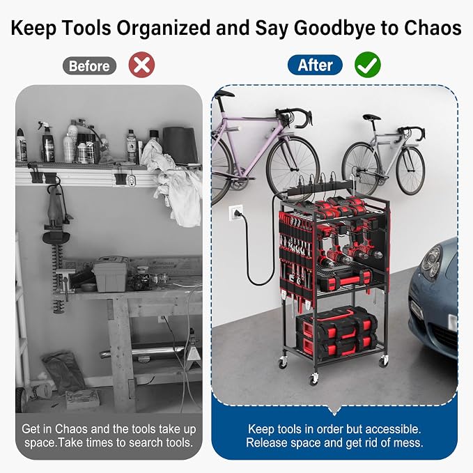 JUNNUJ Power Tool Charging Organizer Cart, 8 Outlet 3 USB, 6 FT Cord, Red | Floor Rolling, Large Tools Storage Cart on Wheels, Heavy Duty Drill Battery Station, Utility Rack Shelf for Garage Workshop