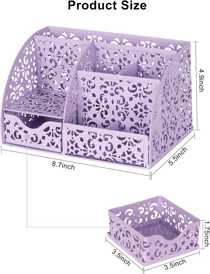 EasyPAG Pen Holder Desk Organizer with Drawer Pencil Cup for Desk 6 Compartments Metal Office Caddy Storage with Sticky Notes Holder for School Home Office, Purple
